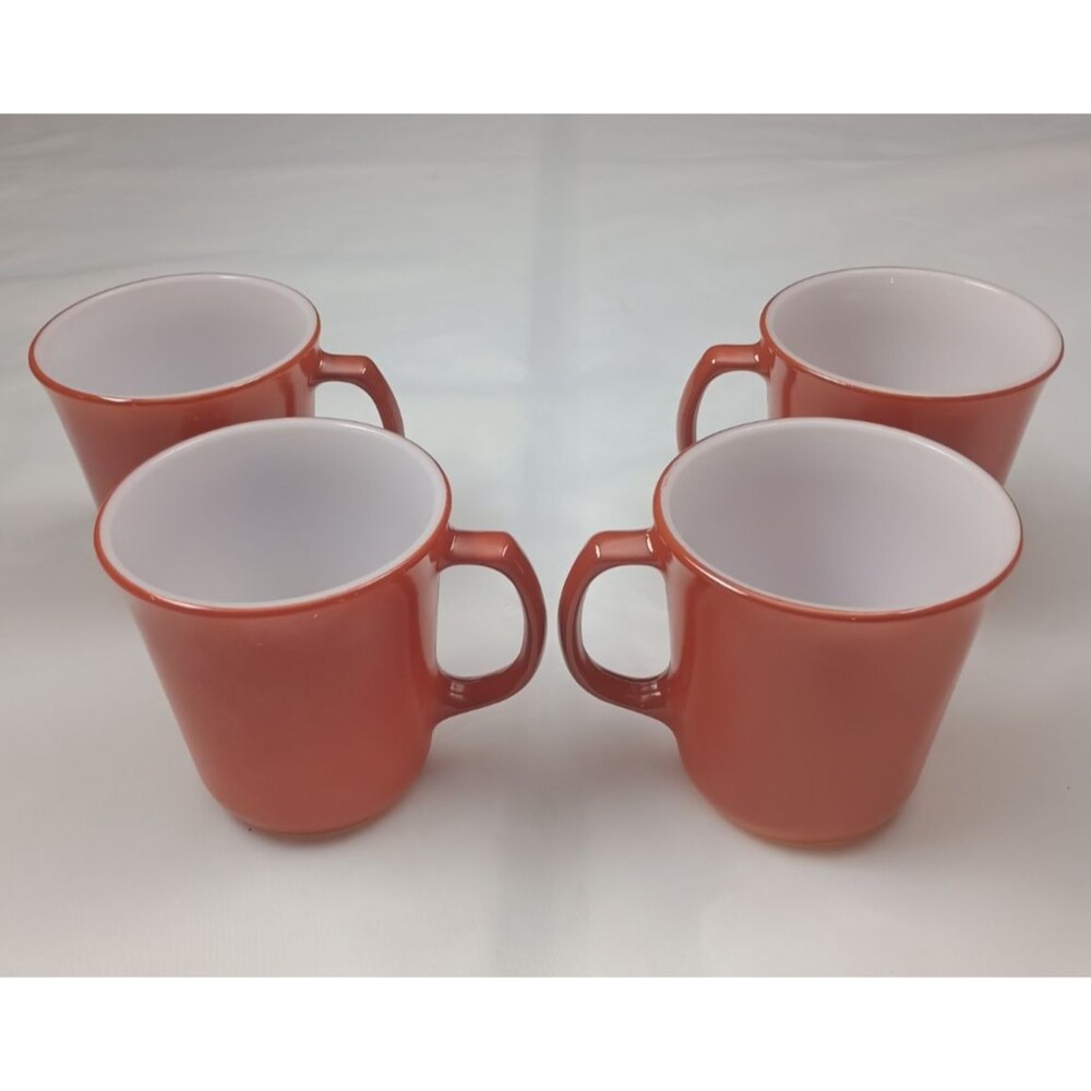 Vintage Pyrex Corning Set of 4 Burnt Orange Rust Milk Glass D Handle Mugs Clean